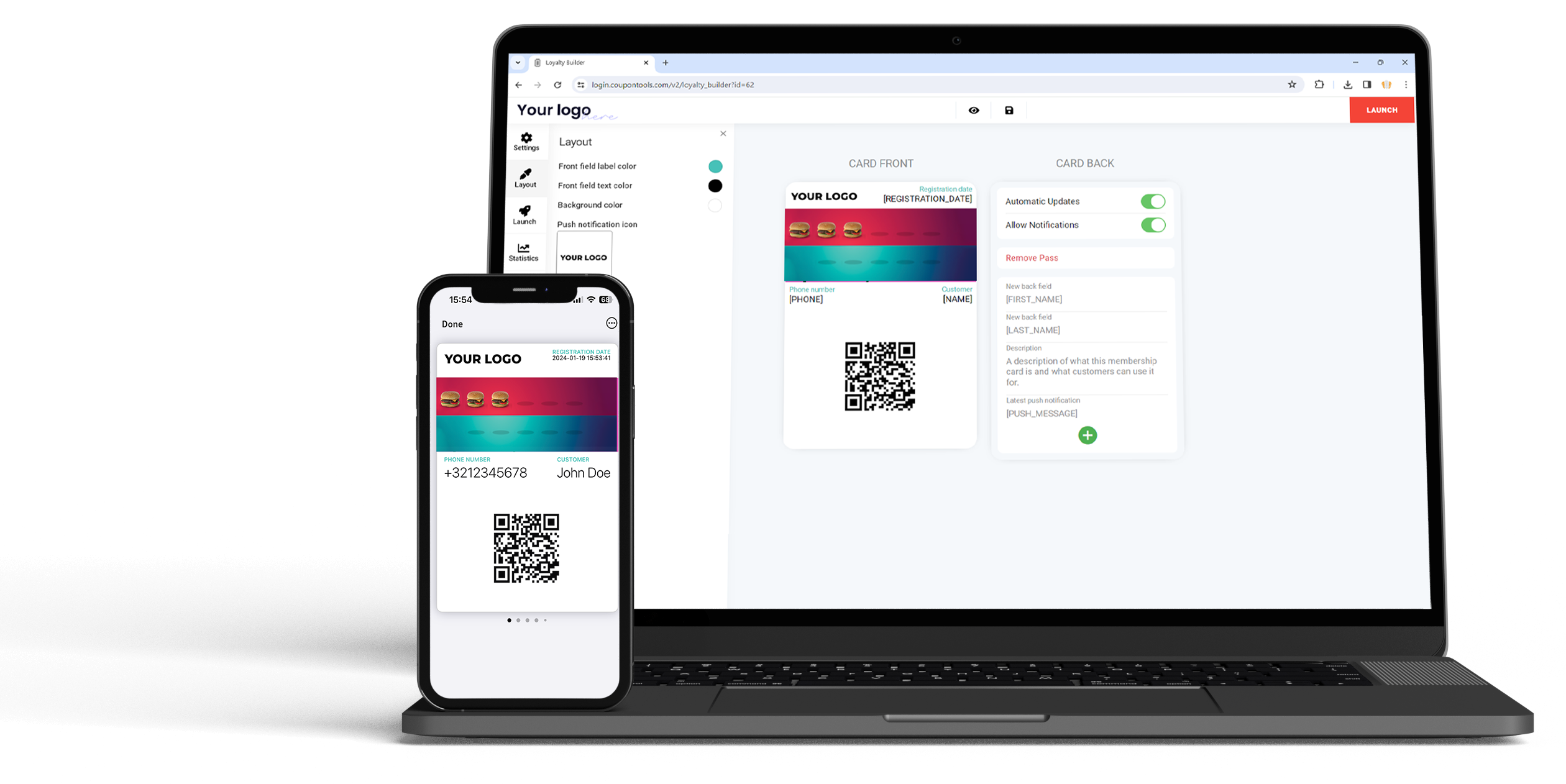 Cartão de Fidelidade Digital de Pontos em um smartphone próximo ao painel de estatísticas do Coupontools.